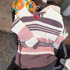 Elegant Striped V-Neck Sweater - Cream, Pink, and Brown